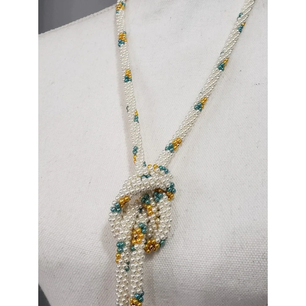 1960s VTG Sautior Crochet Green Gold Faux Pearl Flowers Necklace Lairat Tassels